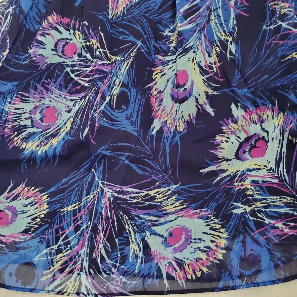 Three Eight Two Dress Size S Blue Peacock Babydoll Art to Wear Sheer Lined USA - Picture 5 of 9